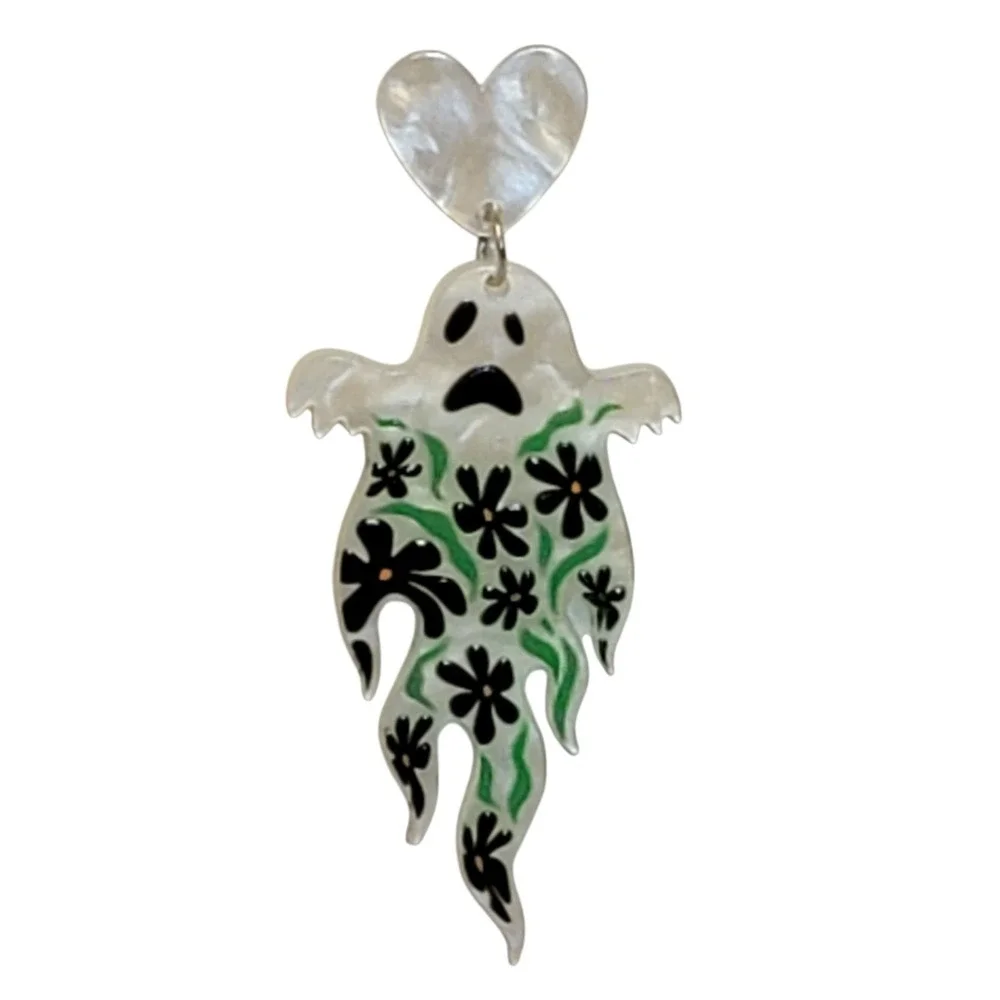 Floral Ghost Earrings Pearlescent White Black Green Dangle Post Halloween Spooky